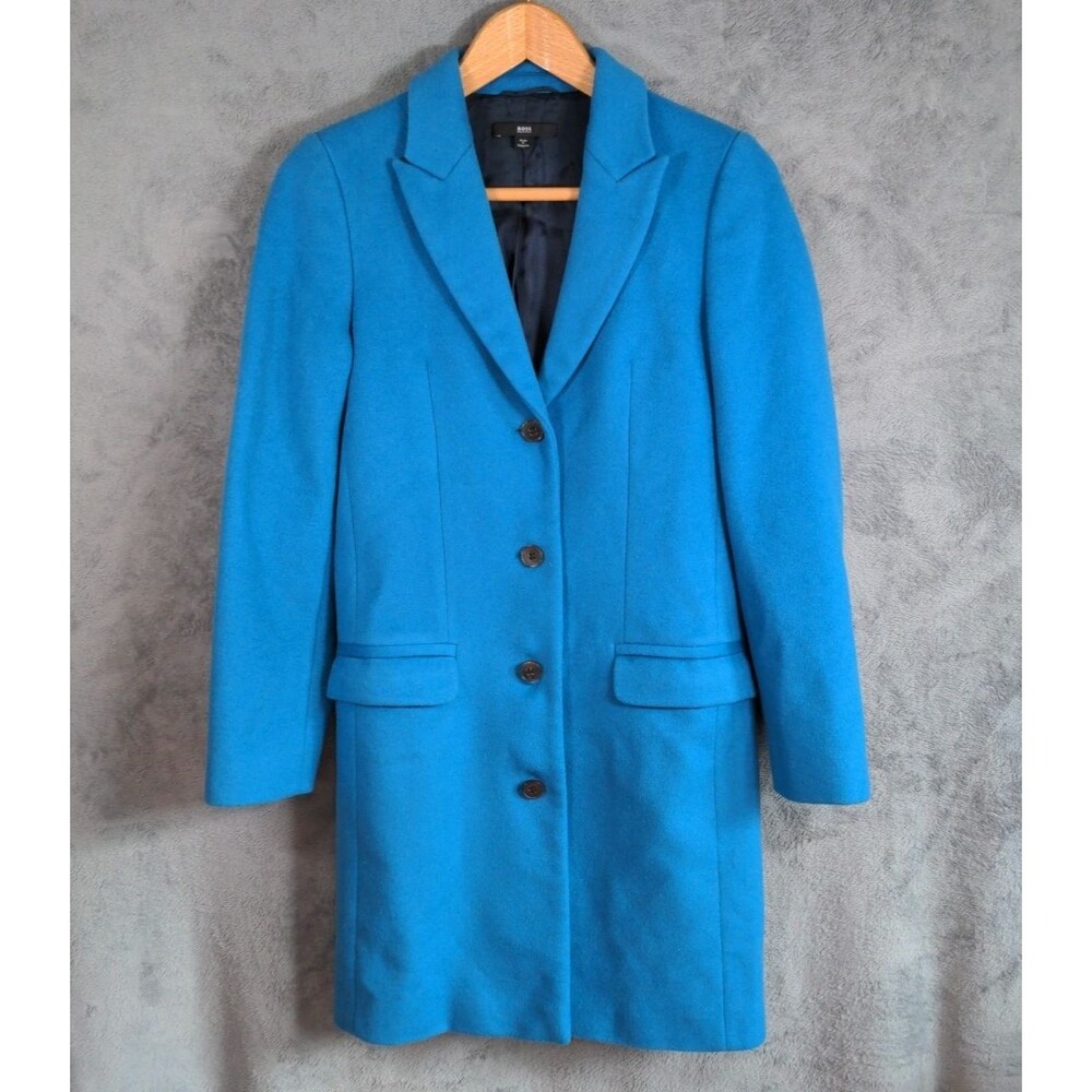 Hugo Boss Overcoat Cashmere & Virgin Wool Blend Size 0 Peacock Blue Fully Lined